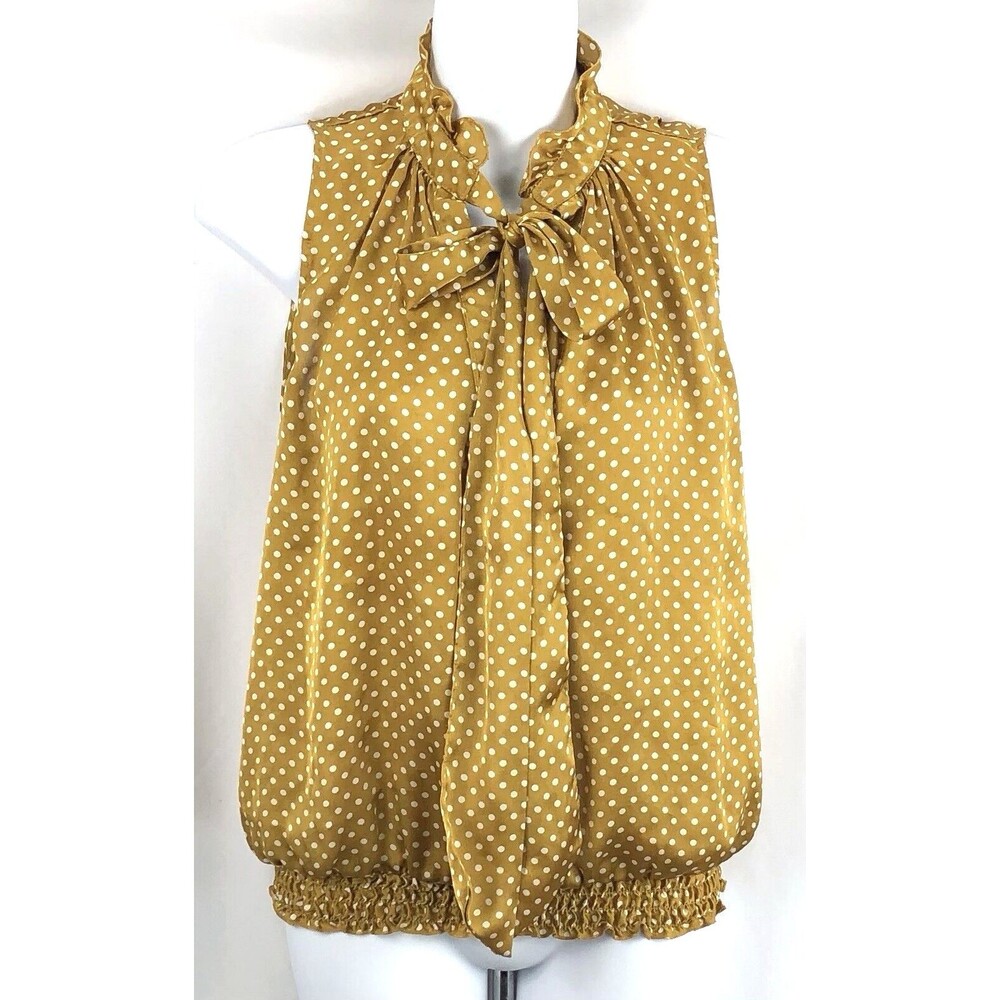 Jules Leopold Sleeveless Satin Top M Gold Polka Dot Ruffle Mock Neck Bow Smocked